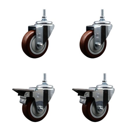 Service Caster 35 Inch Maroon Polyurethane 38 Inch Threaded Stem Caster Set 2 Brakes SCC SCC-TS20S3514-PPUB-MRN-381615-2-PLB2